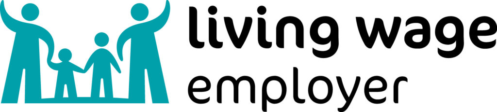 Living wage employer logo showing four blue stick figures holding hands to the left of the text which says Living Wage Employer