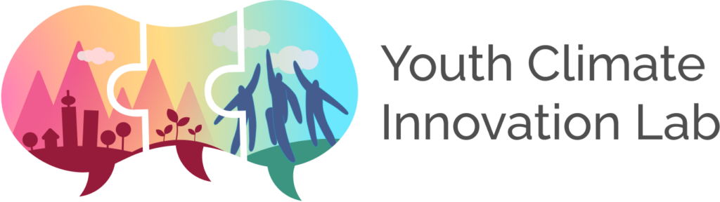 Logo with three puzzle shaped speech bubbles on the left each with mountains, a city skyline, plants, and people reaching for the sky depicted. The works Youth Climate Innovation Lab to the right.