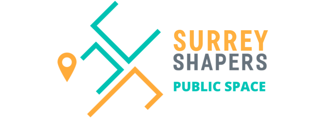 Orange and teal logo that says Surrey Shapers Public Space